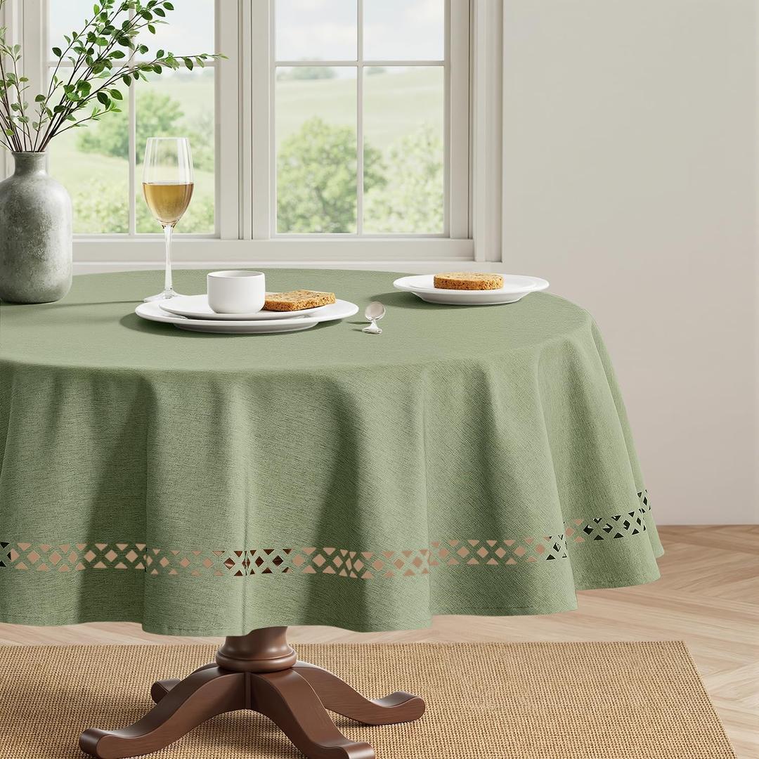 MIULEE Sage Green Round Linen Polyester Tablecloth with Decorative Cutouts Spring Waterproof Stain Resistant & Shrink-Proof Table Cloth 60x60 inch Farmhouse Style for Dining Wedding and Outdoor