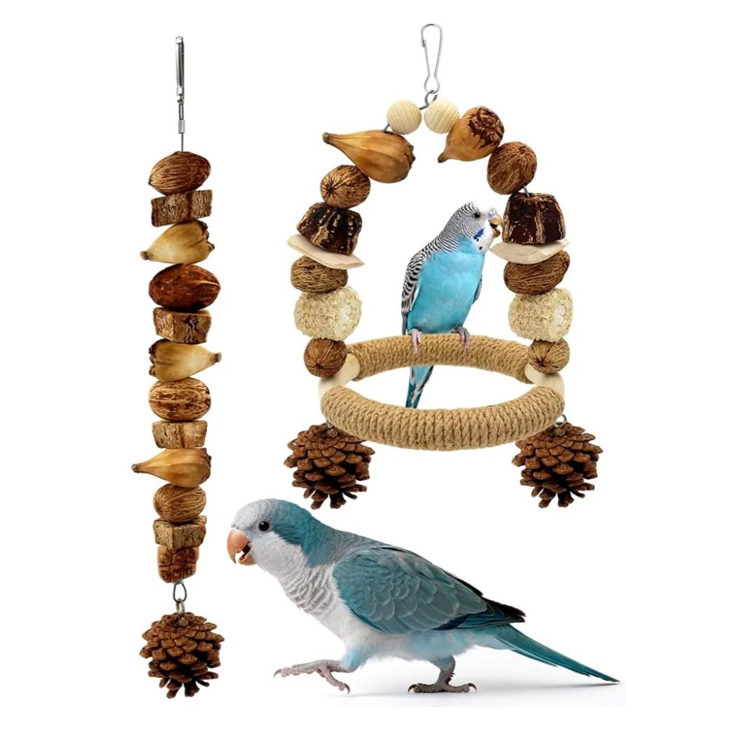 2Pcs Natural Bird Chew Toys, Wood Parakeet Swing Toys with Sisal Wrap for Claw Grinding, Hanging Safe Chew Toys for Parrot Beak Care, Multi-Play Design Cockatiel Toys for Budgie Conure Keeps Busy