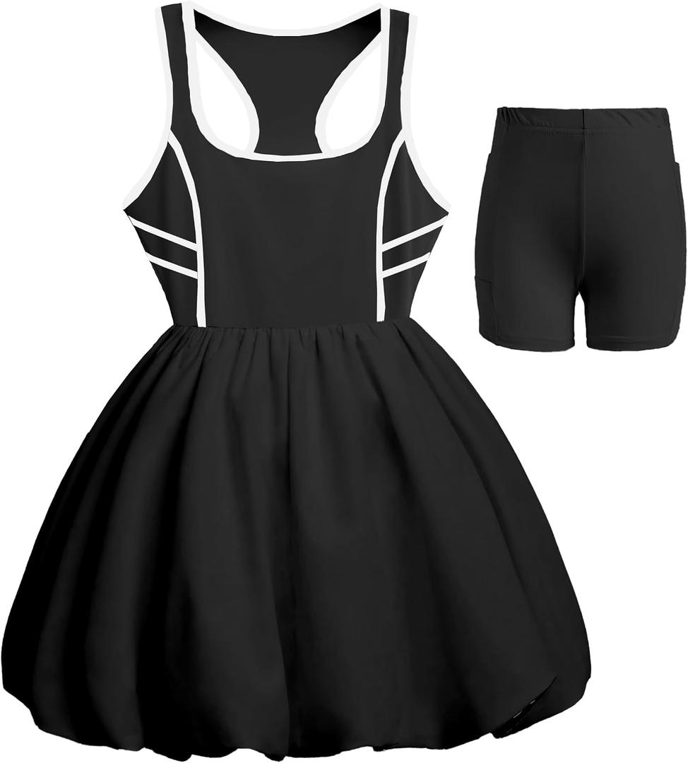Girls Dress Sleeveless Tennis Dress Bubble Tank Dress Summer Casual Sundress Golf Sports with Shorts Pockets 4-5Y (Black)