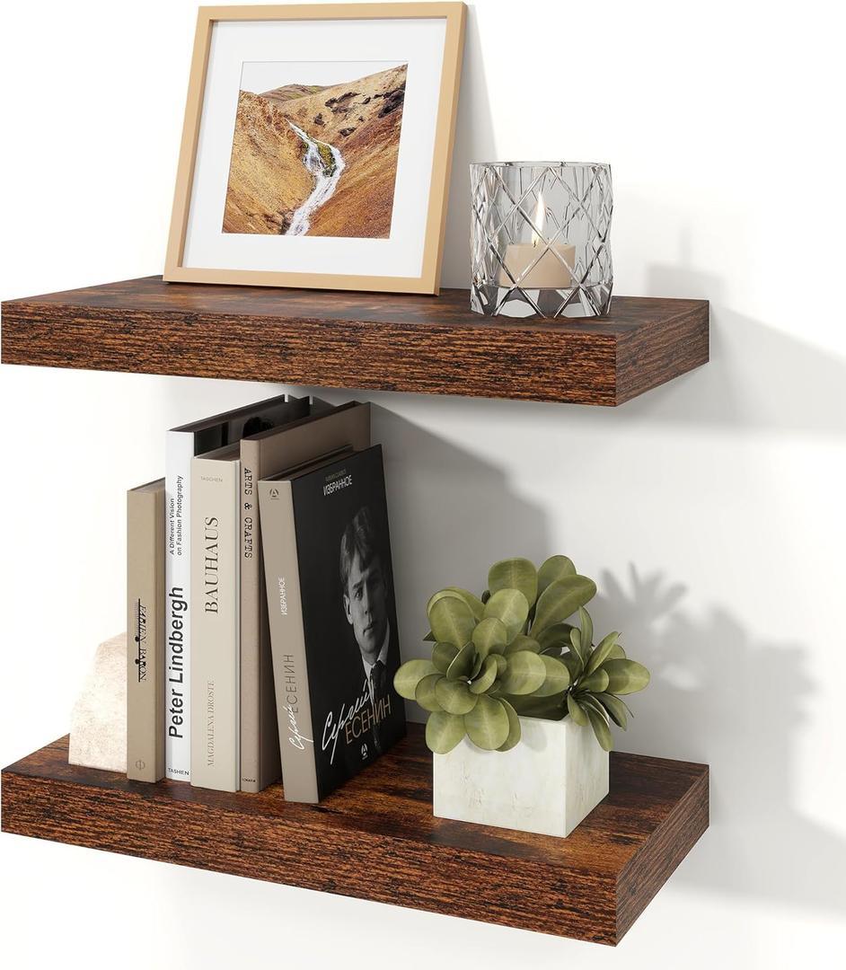 Floating Shelves for Wall, 7.9" Deep Wall Mounted Wood Shelves for Bathroom, Bedroom, Living Room, Kitchen, Hanging Shelf for Books/Storage/Room Decor (Brown, 16") (16" Set of 2)