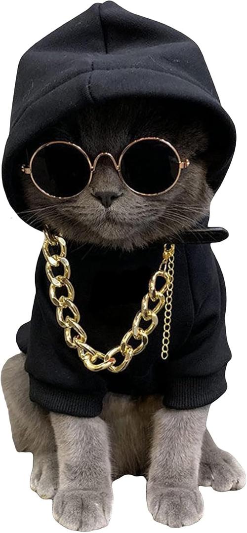 QWINEE 3Pcs Dog Hoodie Cat Apparel Dog Custume Set with Necklace and Sunglasses Pet Clothes for Dogs Cats L