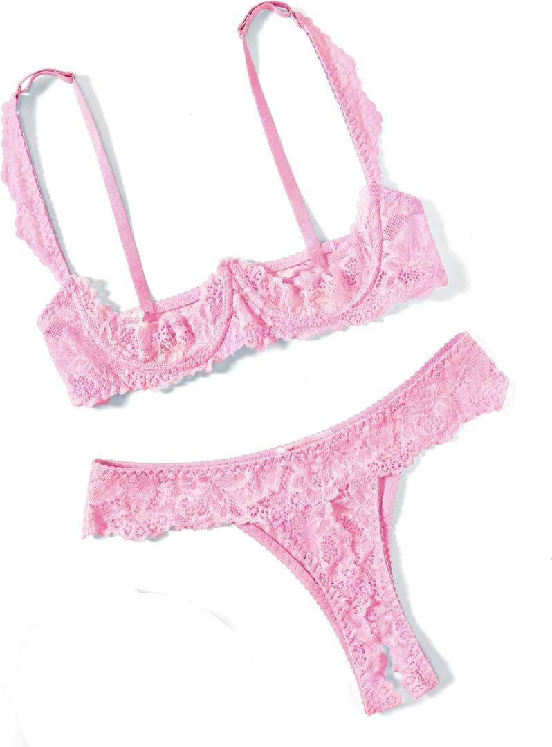 Avidlove Sexy Lingerie Set for Women Lace Bra and Panty Sets Underwire Push Up Lace Lingerie Set XL (Pink)