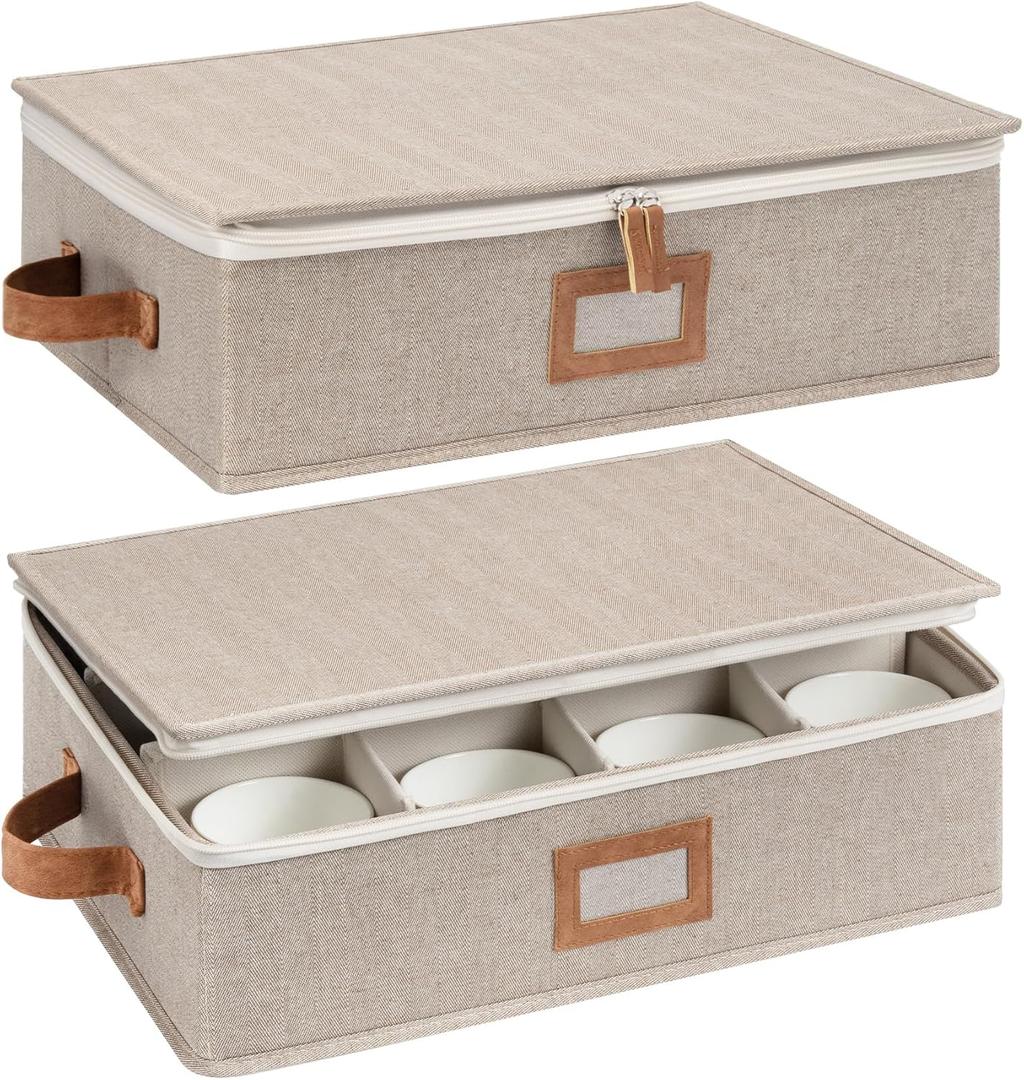 StorageWorks China Storage Container, Stackable Mug Storage Box with Dividers, Stemware Storage Cases, Hard Shell China Cup Organizer, Holds 12 Tea Cups and Coffee Mug, 2 Pack, Brown and Beige
