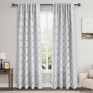 Nanspring Blue Geometric Pattern White Curtains 84 Inch Length 2 Panels Set for Living Room Back Tab and Rod Pocket 50% Blackout Elegant Modern Farmhouse Decor Curtain for Bedroom Dinner Room 52x84