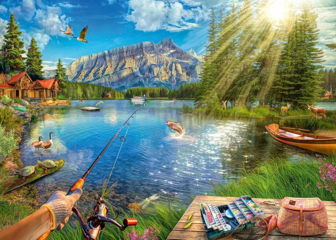 Ravensburger - Life at The Lake - 1000 Piece Jigsaw Puzzle - Stunning Imagery of The Favorite Fishing Spot - Vibrant Colors - Frameable - Premium Quality - Puzzles for Adults