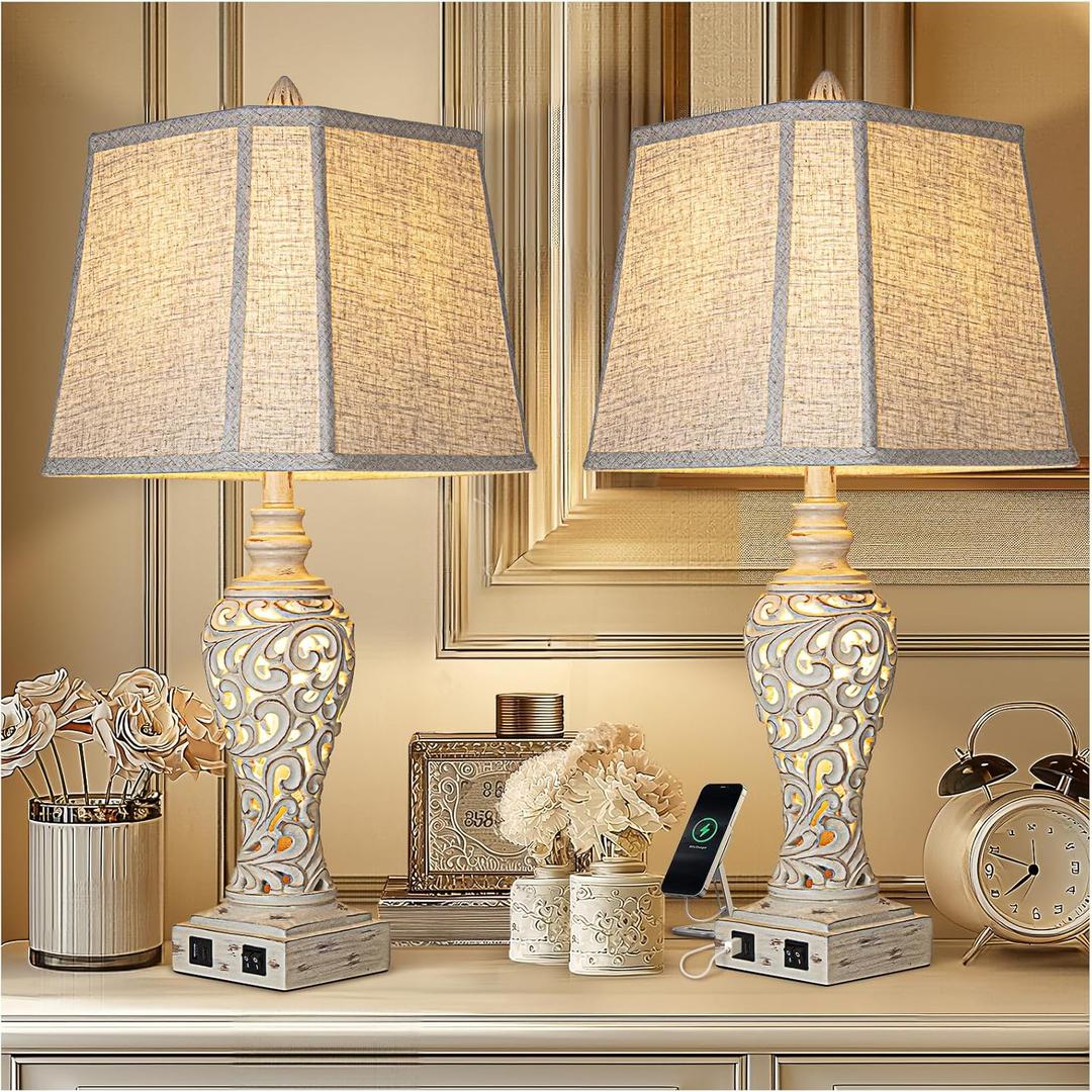 28.5" Table Lamps Set of 2 - Bedside Lamp with Fabric Shades - for Bedroom and Living Room with USB and Nightlight - Perfect for Nightstands and Bedrooms