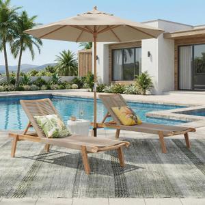 Merax Outdoor Chaise Lounge Chair Set of 2, 77" L Acacia Wood Patio Lounge Chair with 4 Adjustable Position, Rope Woven Beach Lounger for Pool Deck Balcony Garden, 800lbs Capacity, Teak+ Beige