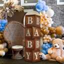 Wood Grain Printing Baby Shower Display Boxes Party Decorations, Neutral Gender Reveal Party Backdrop, Brown Teddy Bear Baby Stacking Blocks Backdrop with Letters for Boy Girl Birthday Party