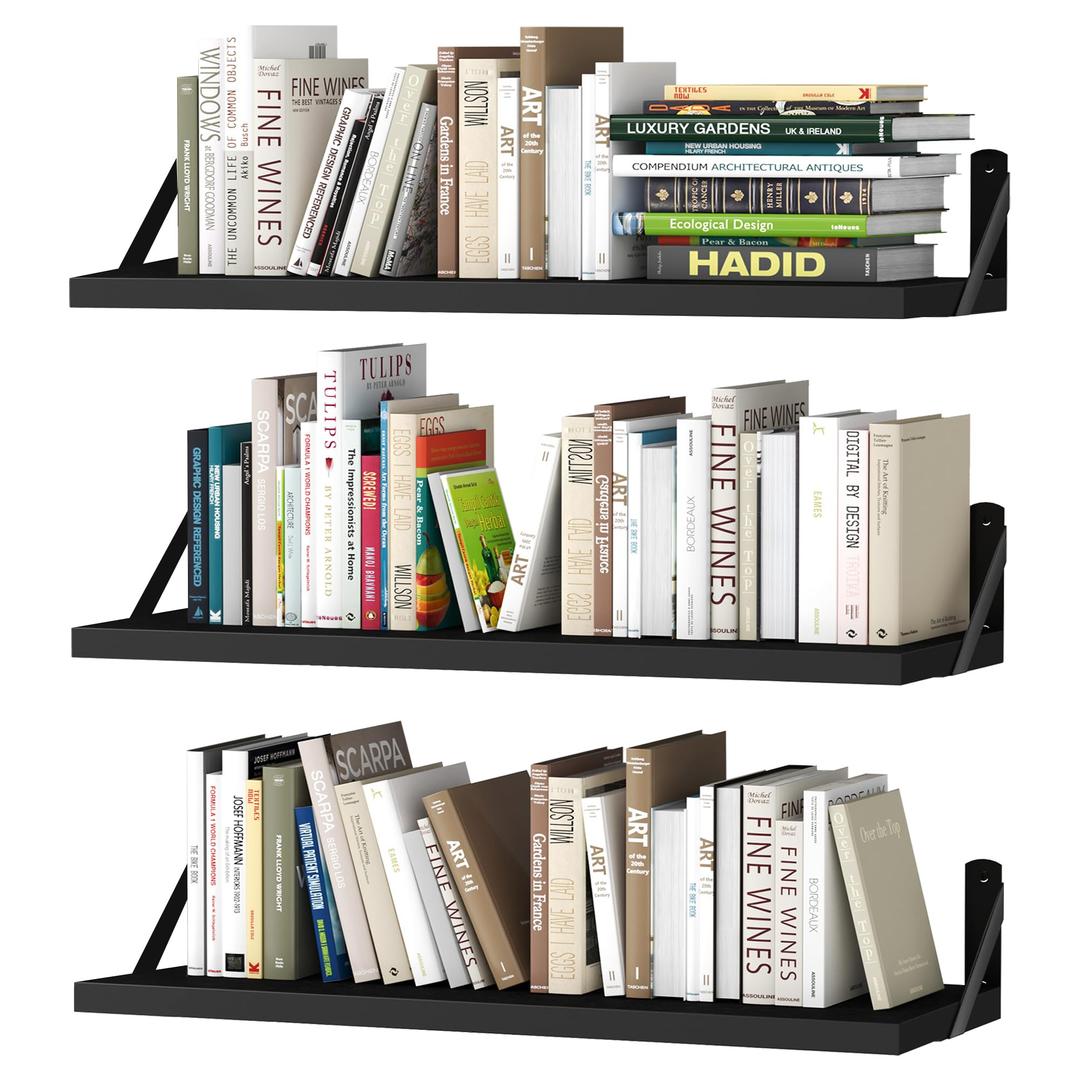 Upsimples 23.6 Inches Floating Book Shelves for Wall, Floating Wood Shelves for Living Room, Laundry Room, Bedroom, Office Organizer and Storage, Black
