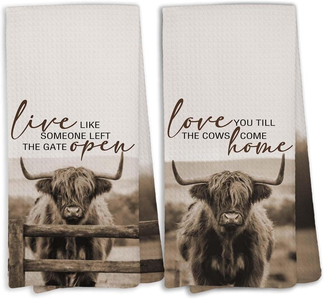 Farmhouse Highland Cow Kitchen Towels Set of 2, Western Farmhouse Highland Cow Kitchen Decor, Love You Till the Cows Come Home, Western Animal Hand Towels for Bathroom
