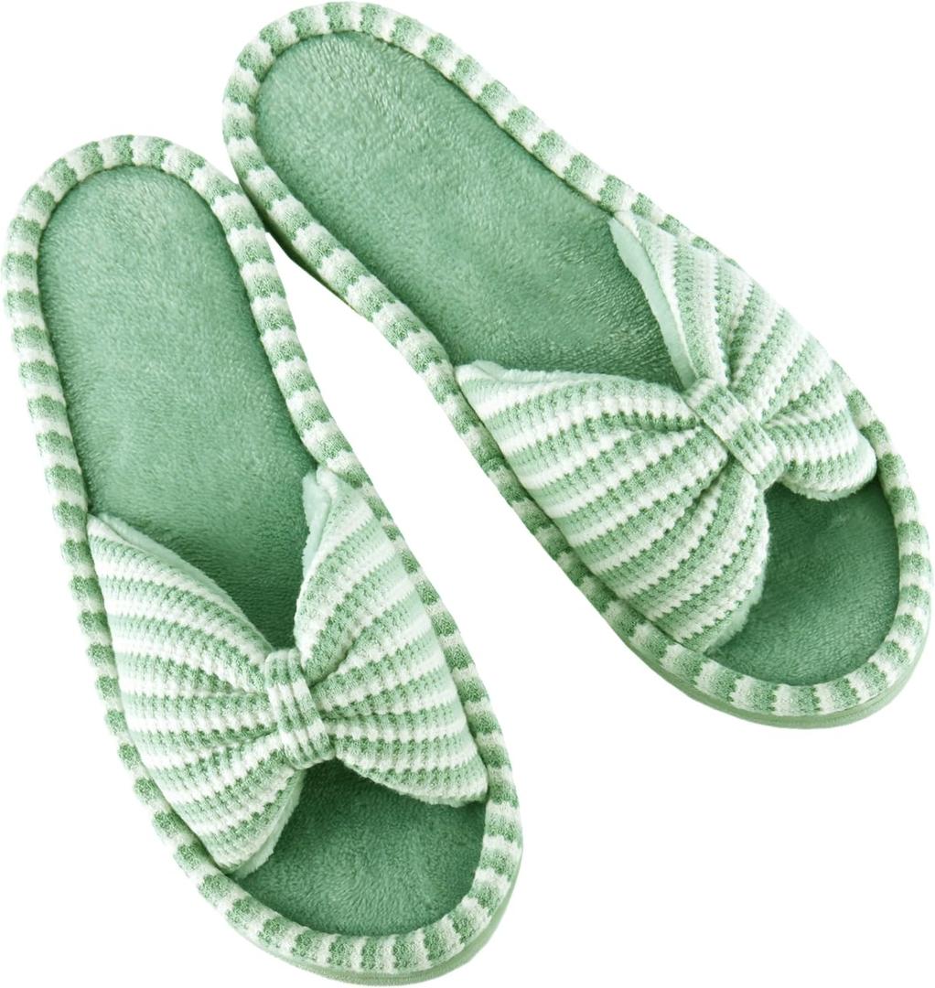 DL Women's Memory Foam Open Toe Slide Slippers with Cute Bow and Cozy Terry Lining, Slip-on House Shoes Spa Mules Sandals with Indoor Outdoor Rubber Sole (5-6, Light Green)
