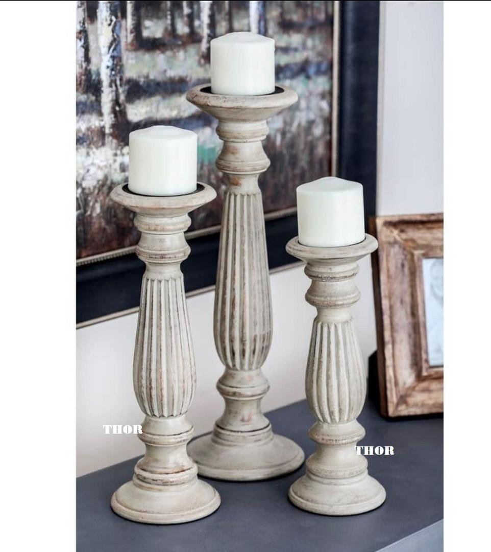 3 x Wood Candle Holders (Set of 3) Hand Carved Decorative Candle Holders for Living Room, Table Centerpiece, from Wood, White wash Finish - 12", 15", 18"