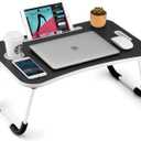 FISYOD Foldable Laptop Table, Portable Lap Desk Bed Table Tray, Laptop Stand with Cup Holder & Tablet Slot & Lifting Handle for Working Writing Drawing & Eating (Black Grain)