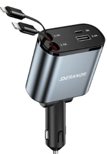Deranor Retractable Car Charger 4 in 1 Fast Car Phone Charger 69W, USB C Car Truck Accessories Adapter with 2X Retractable Charger Cords and 2X USB Ports for i Phone 17/16/15/14, for Samsung S25/S24