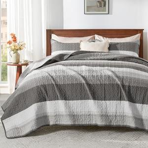 Andency Oversized King Quilt Bedding Set, 120x98Inch Dark Grey Stripe Super King Bedspread Coverlet 3 Pieces, Soft Lightweight Patchwork Quilted Bed Set for All Season (1 Quilt, 2 Pillowcases)