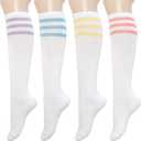 KONY Women's Cotton Knee High Socks - Casual Solid & Striped Colors Fashion Socks 3 Pairs (Womens Shoe Size 5-9) (Medium, Triple Stripe White)