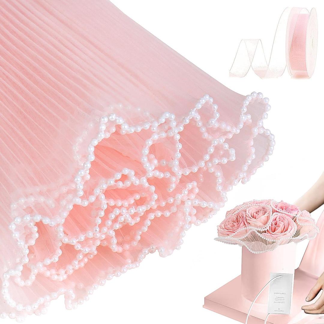 Upgraded Flower Wrapping Paper Bouquet Wrapping Paper with Pearl Edge,Pink Wrinkled Translucent Lace Mesh Florist Floral Paper Waterproof Bouquet Paper Wrap for Mother's Day Valentine's Day Wedding Gift Packaging