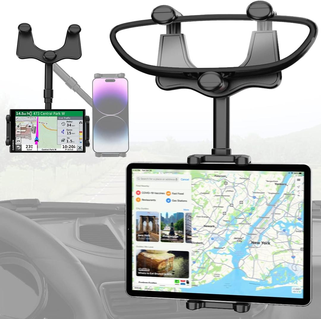 Charchendo Tablet Phone Mount for Car Rear View Mirror Fits 4-13'' Devices, 360 Retractable Rearview Mirror Phone Holder Anti-Shake Compatible with iPad Pro 12.9/Air/Mini, Galaxy Z, Garmin