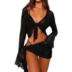 Women's 1 Pieces Outfits Mesh Perspective Suit Swimming Beach Long Sleeve Crop Top and Mini Skirt Set S