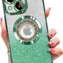Misscase for iPhone 14 Plus Magnetic Case Compatible with MagSafe,Full Protection Slim Shockproof Anti-Scratch Glitter Case with Camera Lens Protector Logo View Dust-Proof Net for Women Green