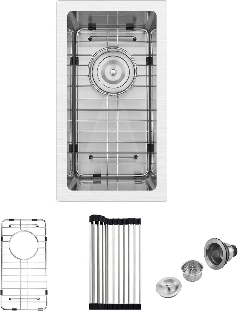 Bar Sink - PEPO Small Kitchen Sinks Undermount Stainless Steel Wet Bar Sink 16 Gauge Single Bowl with Accessories, High-end Handmade Basin for RV Outdoor (Stainless, 10"x18"x8"), 10"x18"x8" without Glass Riser