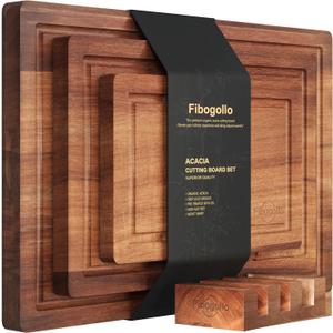 Fibogollo Acacia Wood Cutting Boards for Kitchen(Set of 3),Wooden Chopping Boards Set with Juice Groove,Serving Board with Holder,Butcher Block for Meat,Vegetables,Fruit