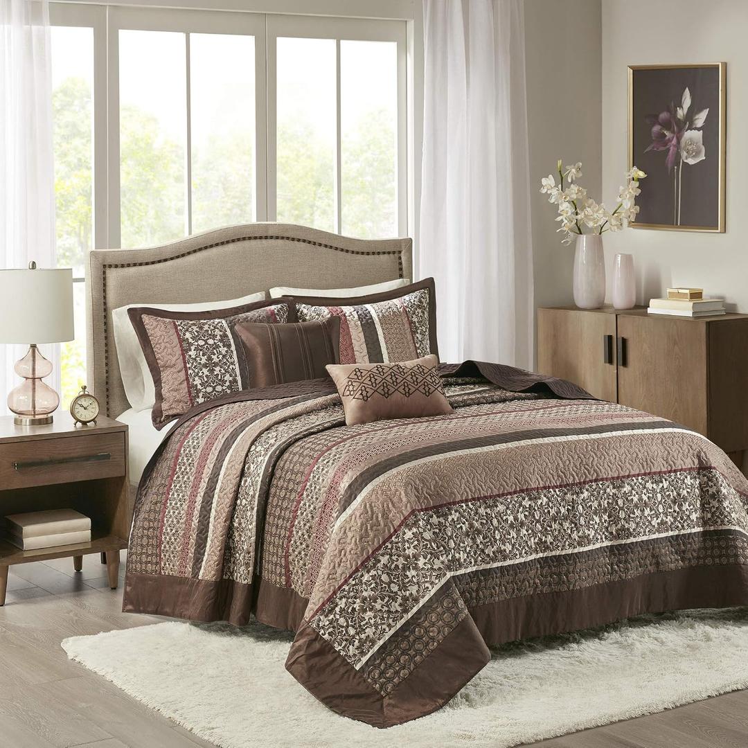 Madison Park Princeton Reversible Quilted Bedspread Set, Solid Reverse Summer Breathable, Lightweight All Season Bedding Layer, Matching Shams, Bedspread Queen(102"x118"), Red 5 Piece, Oversized Queen