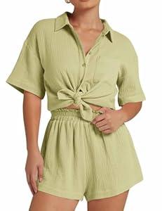 Flygo Womens Casual 2 Piece Outfits Cotton Linen Sets Button Down Oversized Shirt Shorts 2025 Pajama Lounge Beach Set (X-Small)