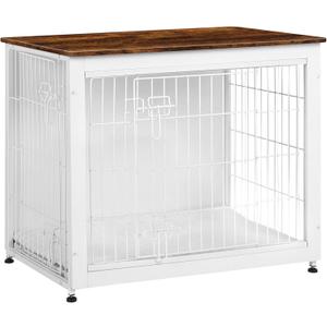 DWANTON Dog Crate Furniture with Cushion, Wooden Kennel Table with Double Doors, Indoor Dog House, Medium Size, 32.5" L, White+Rustic Brown