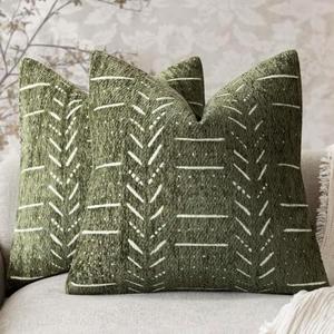 vivrudil Home Décor Decorative Boho Accent Chenille Throw Pillow Covers Textured Neutral Cushion Covers Soft Farmhouse Pillowcase for Couch Sofa Bed Living Room, 18×18 Inch, Set of 2, Olive Green