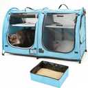 Mispace Portable Twin Compartment Show House Cat Cage/Condo - Easy to Fold & Carry Kennel - Comfy Puppy Home & Dog Travel Crate with Portable Carry Bag/Two Hammocks/Mats and Collapsible Litter Box (Blue)