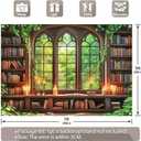 7x5ft Fabric Vintage Wooden Bookshelf Backdrop Retro Library Window Green Forest Candle Photography Background Indoor School Decorations Photo Booth Props