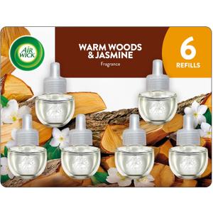 AIR WICK Plug In Scented Oil Air Freshener Refill Pack - 6 Count Oil Refill Warm Woods & Jasmine 6 ct., Essential Oils