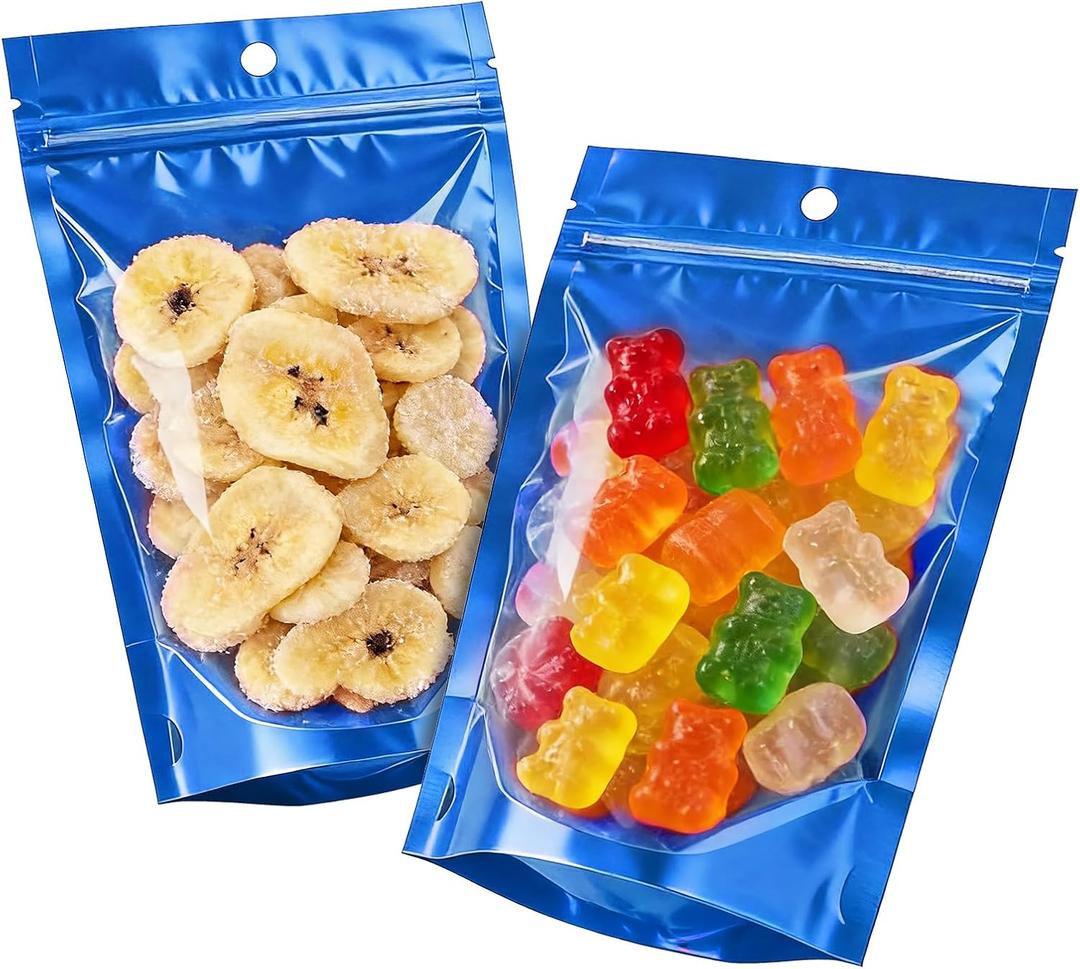 100pcs 3.5"x5" Mylar Bags for Food Storage,Smell Proof Bag with Window ResealableStand-up Foil Pouch Packaging Freeze Dried Candy Bag Food Storage Bags for Small Business (Blue)