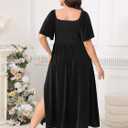 Plus Size Dress Wedding Guest Semi Formal Ruffle Short Sleeve Sweetheart Neckline Slit A Line Flowy Maxi Dresses (Black)