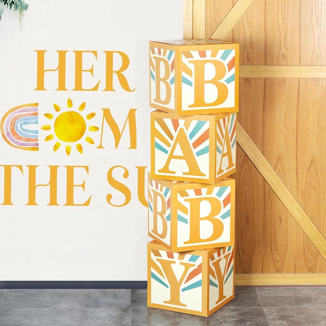 Here Comes The Son Baby Shower Decorations Boys Boho Baby Boxes- 4 Pcs Retro Sun Baby Blocks Here Comes The Son Party Supplies