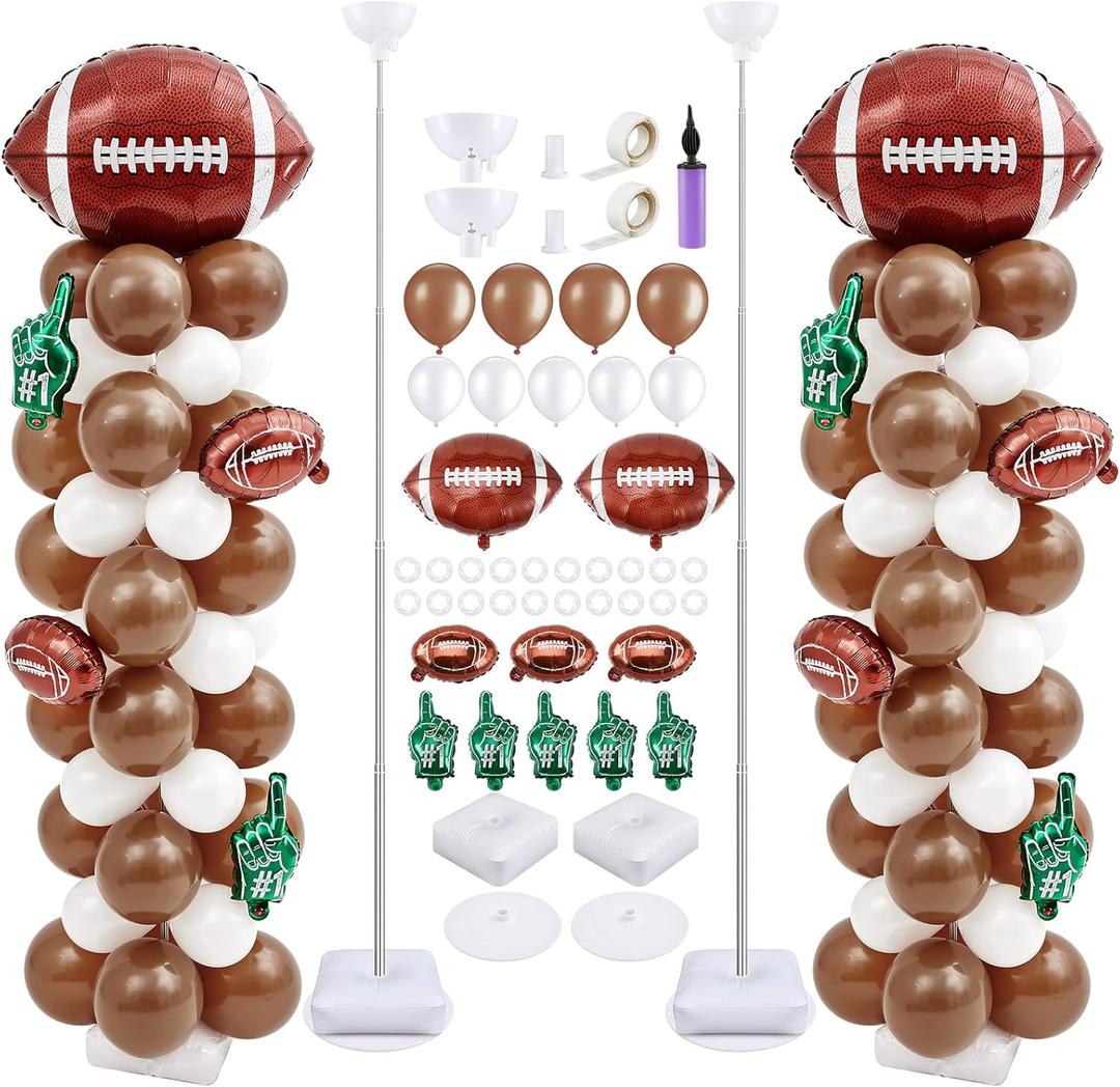 Gejoy 2 Sets Football Balloon Column Stand Kit Include 12 Foil 160 Latex Balloons Football Shaped 6.5 ft Adjustable Stands Kit for Sport Theme Touch Down Birthday Decorations