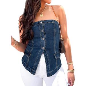 Cicy Bell Womens Strapless Denim Vest Summer Button Down Jean Tube Tops Y2k Going Out Fitted Bandeau Shirts Waistcoat, S