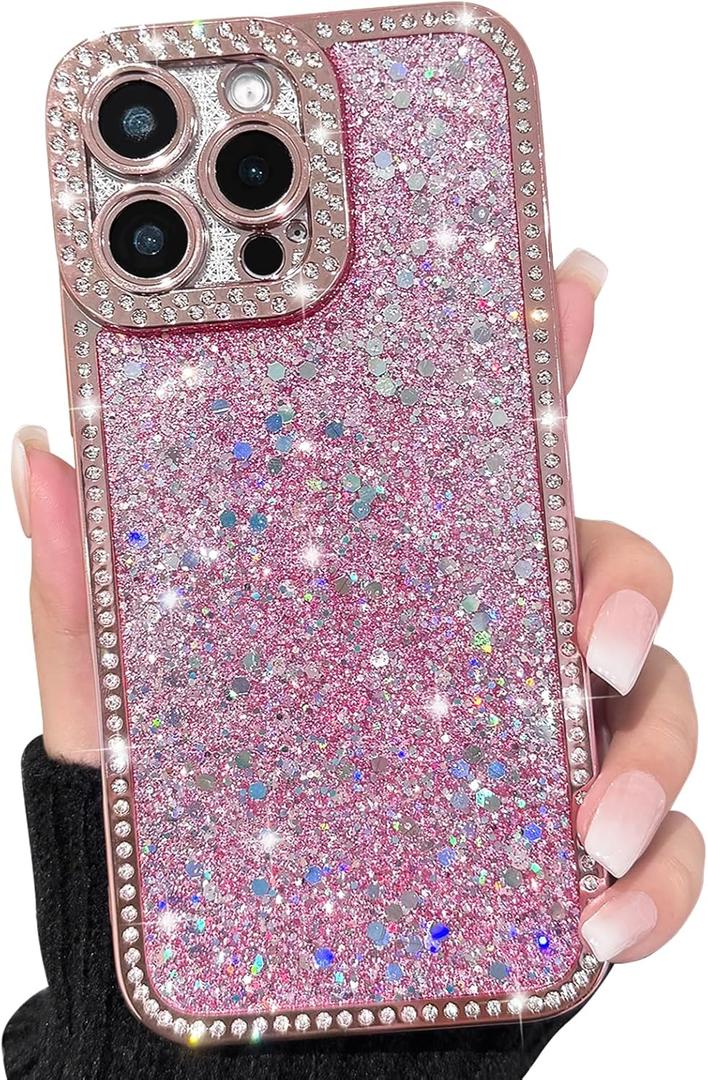 NITITOP Compatible with iPhone 14 Pro Max Case Glitter Sparkly Sequin Design for Girls Women Luxury Bling Crystal Diamond Frame Full Camera Protection Shockproof Protective Phone Cover - Pink
