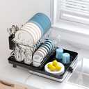 Pumokc Dish Drying Rack, Expandable Large Capacity 2 Tier Dish Drying Rack, Stainless Steel Dish Drainer with Utensil Holder, Adjustable Width for Kitchen Counter, Black