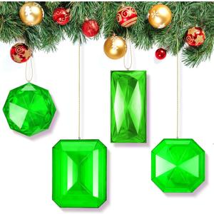 4 Pack Jewel Ornaments 3.9"- 6.2" Acrylic Rectangle Jewel Hanging Decors Christmas Tree Hanging Ornaments Glitter Xmas Rectangle Gemstones for Wedding Holiday Party Decor(Green)
