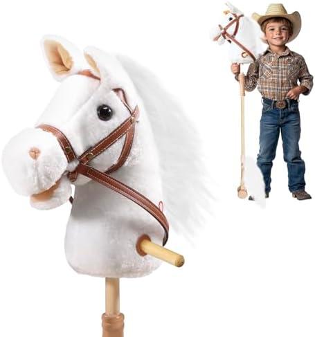 PLYFOU Plush Stick Horse with Wood Wheels Real Pony Neighing and Galloping Sounds Plush Toy, Stick Pony Provides Fun Pretend Play for Toddlers & Preschoolers (AA Batteries Required)