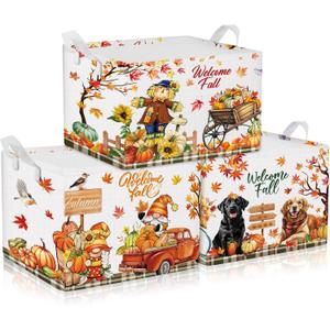 3 Pcs Thanksgiving Storage Basket for Gift Foldable Harvest Baskets with Pumpkin Dogs Maple Leaf Scarecrow Cart Fall Collapsible Bins Farm Harvest Storage Baskets for Home Office Clothes Room