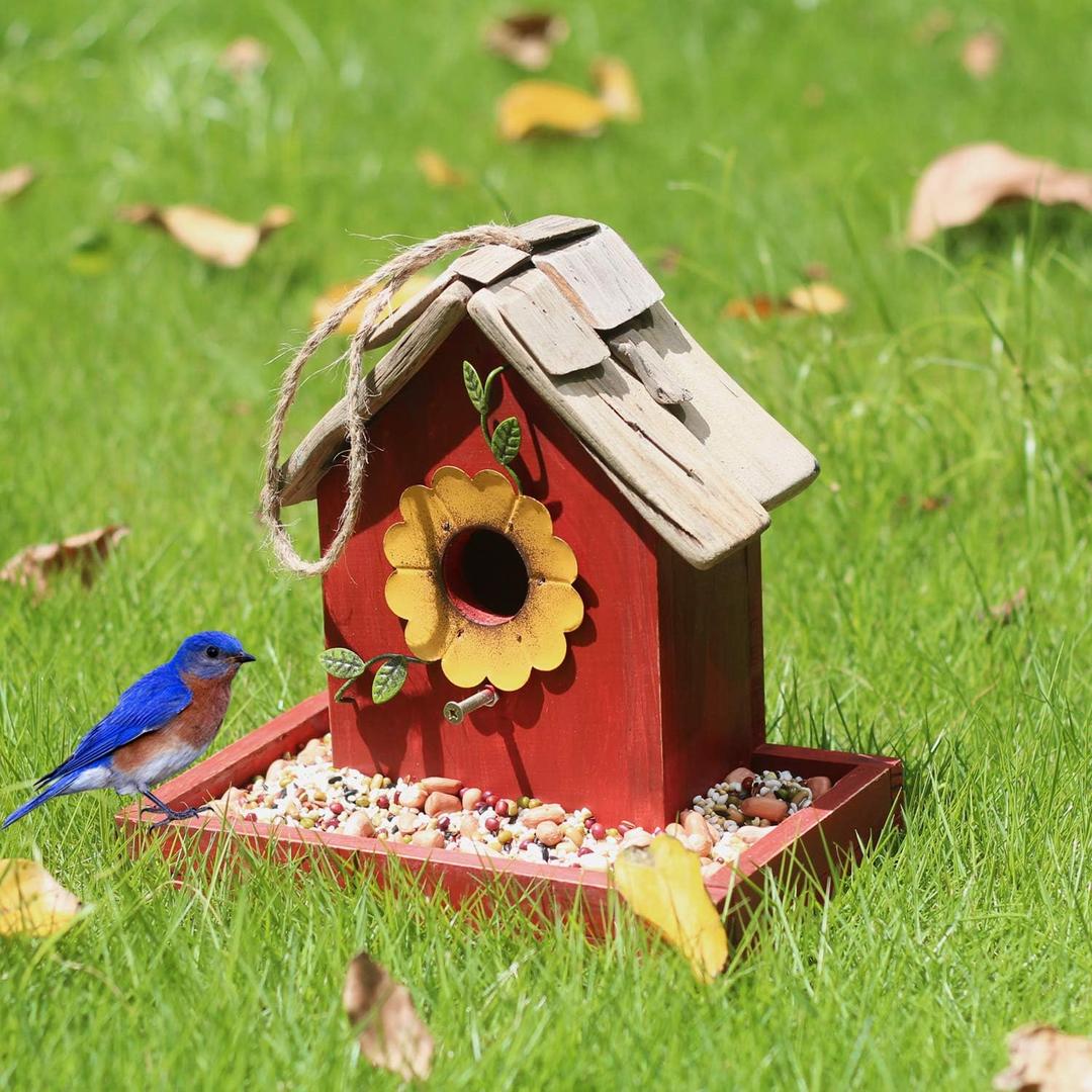 Bird Feeder House for Outside Hanging, Wooden Birdhouse Bluebird House Feeder Handcrafted Hut