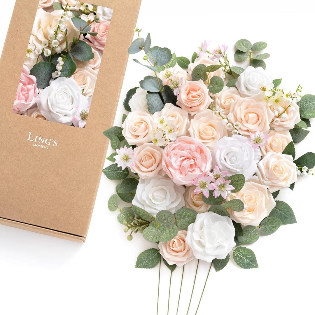 Ling's moment Fake Flowers Box, Faux Artificial Greenery Stems Foam Roses Silk Peony Eucalyptus Fabic Flower for Centerpieces Bouquet Wedding Vase Floral Decorations, Cream & Blush, Deluxe Combo