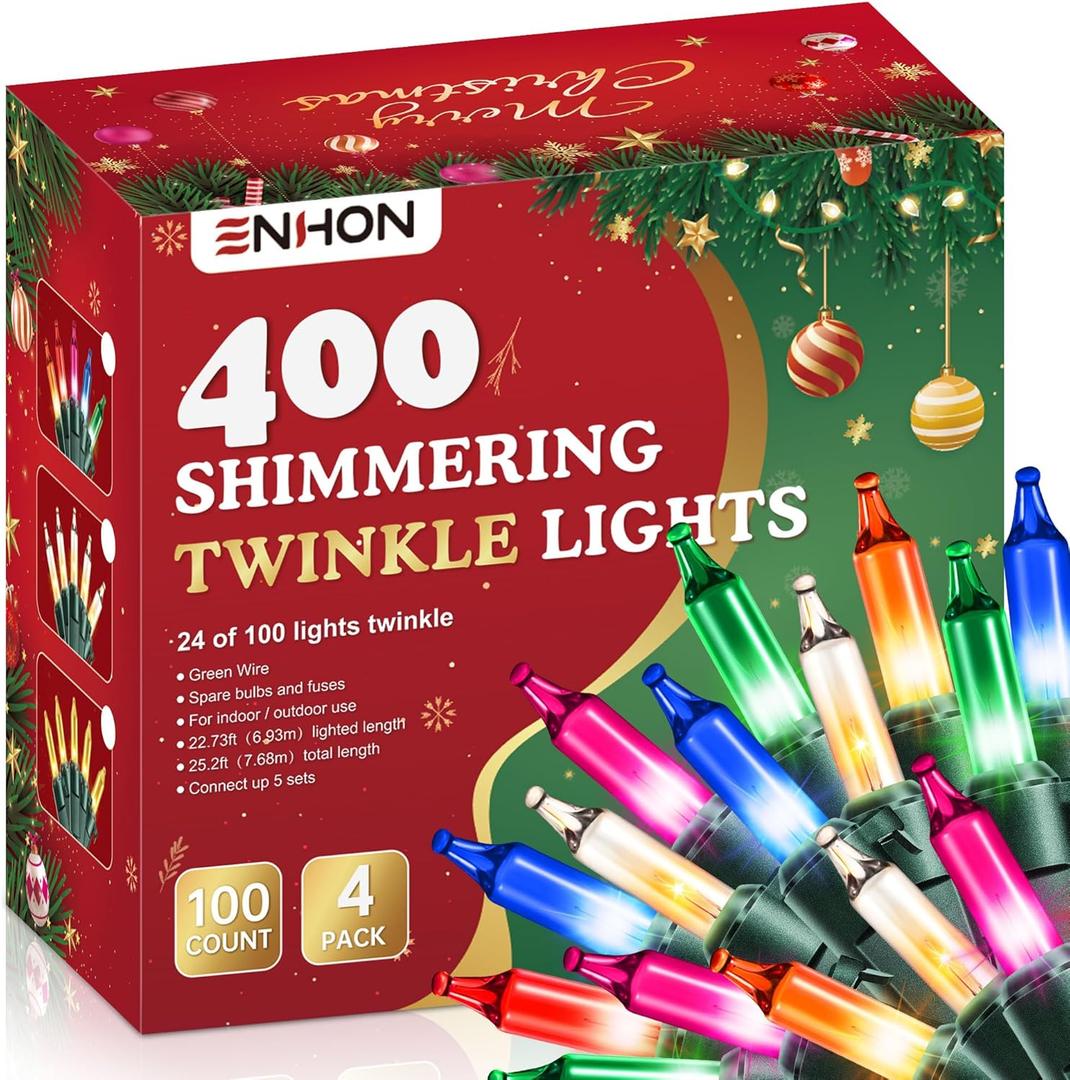 Enhon 4 Pack Twinkling Christmas Lights, 101.6 FT 96 of 400 Random Twinkle Bulbs, Christmas String Lights Connect up to 5 Set, Waterproof Outdoor Indoor Decorations(Multicolor)