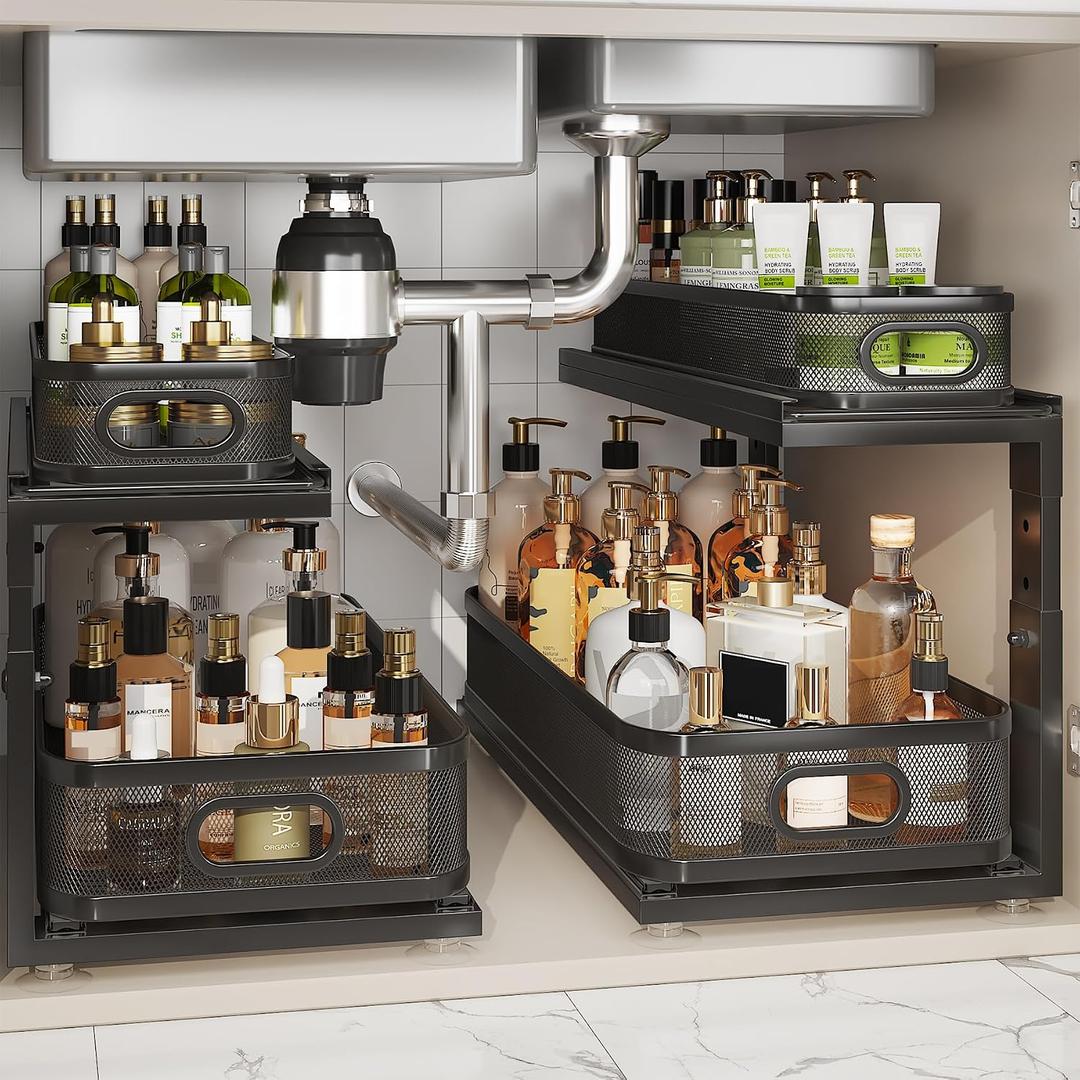 2 Pack 21IN-Depth Under Sink Organizer With Next-Gen Ball-Bearing Slides,2-Tier Precision Mesh Pull Out Cabinet Storage for Bathroom&Kitchen,Height Adjustable Drawers Shelf,Anti-rust-Black