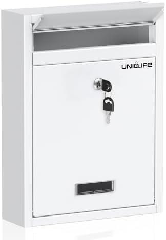 Uniclife Wall Mount Mailbox for Outside, Locking Mailbox, Large Mailbox with Key Lock, Security Mail Box for House, Safe Key Drop Box, Post Box, Steel Cash Drop Box for Home Office School, White
