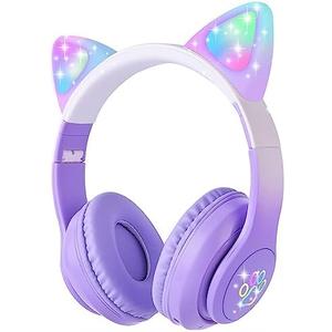 HOYJACY Kids Bluetooth Headphones with LED Cat Ears, Wireless/Wired Mode Headphones for Kids, Foldable Stereo Over Ear Headphones with Built-In Mic for School Birthday Xmas Gift (Purple)
