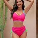 Blooming Jelly Womens High Waisted Bikini Sets Drawstring Tummy Control Swimsuits Crisscross Tie Back Bathing Suit (Pink, M)